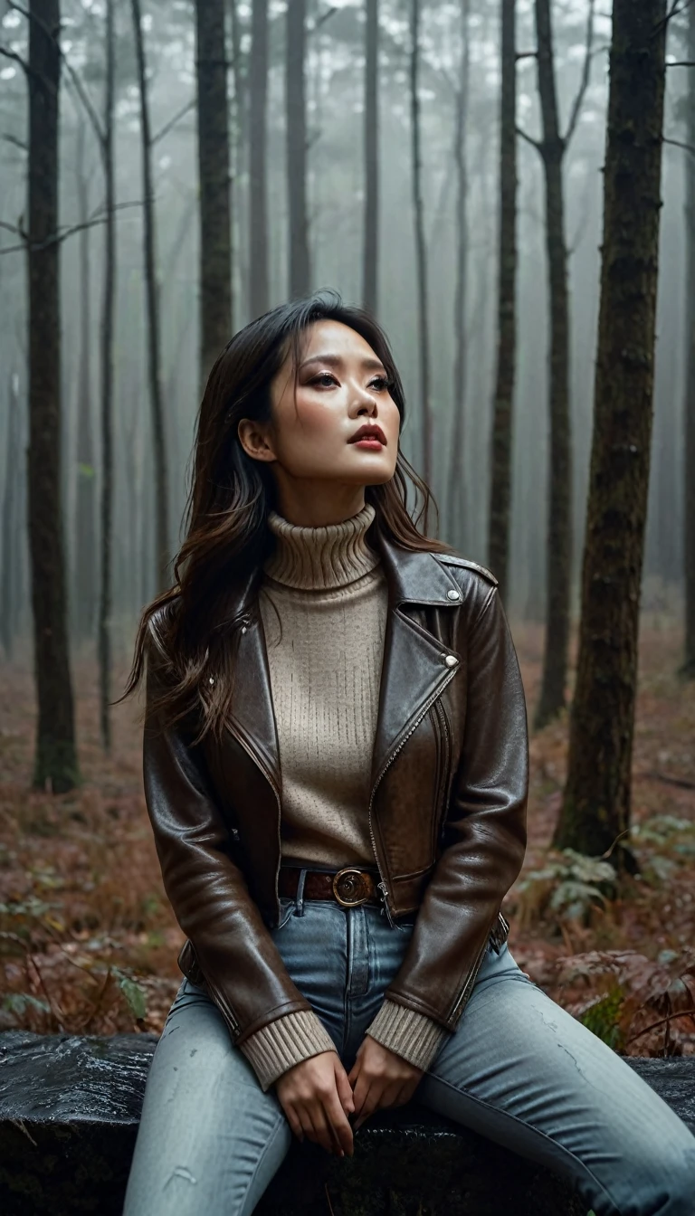 8k, ultra-detailed, grainy film photo, masterpiece,muted colors, muffled light, dusk, rainy, moody, noir, woman in forest, elegant sitting, elegant pose, orgasm, light turtleneck sweater, faded flared jeans, faded leather biker jacket, beautiful long brunette hair, depraved, asian, fetishistic makeup, beige, brown, red