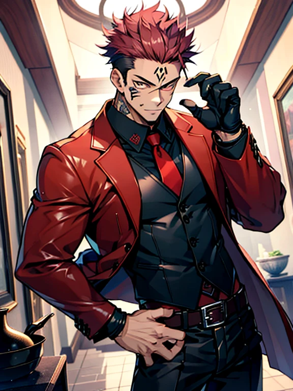 (masterpiece, best quality: 1.2), Solo, nsfw, male focus, 1boy, sukuna, tattoo_On_his_face, male, full bodyesbian, Red Leather jacket, Black Leather shirt, Leather pants, red Leather waistcoat, red Leather tie, Leather Gloves, Bulging muscles, A pink-haired, cow boy shot, 8K, super detailing, hands on penis, large erect penis over 10 inches length and 3 inches width, tight leather suit, inside the house,