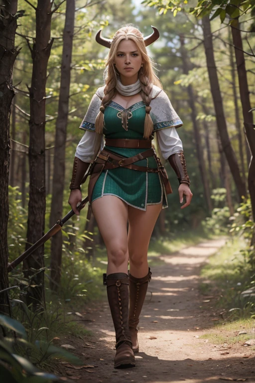mujer guerrera vikinga caminando solitaria en medio del bosque, con un diminuto traje que apenas le cubre el cuerpo, tiene ojos verdes y una larga cabellera, tiene un rostro hermoso y unas piernas largas, con botas de cuero, Ultra realistic photo style, cinematic lighting, alto detalle, 8k, high quality photography.  vista amplia