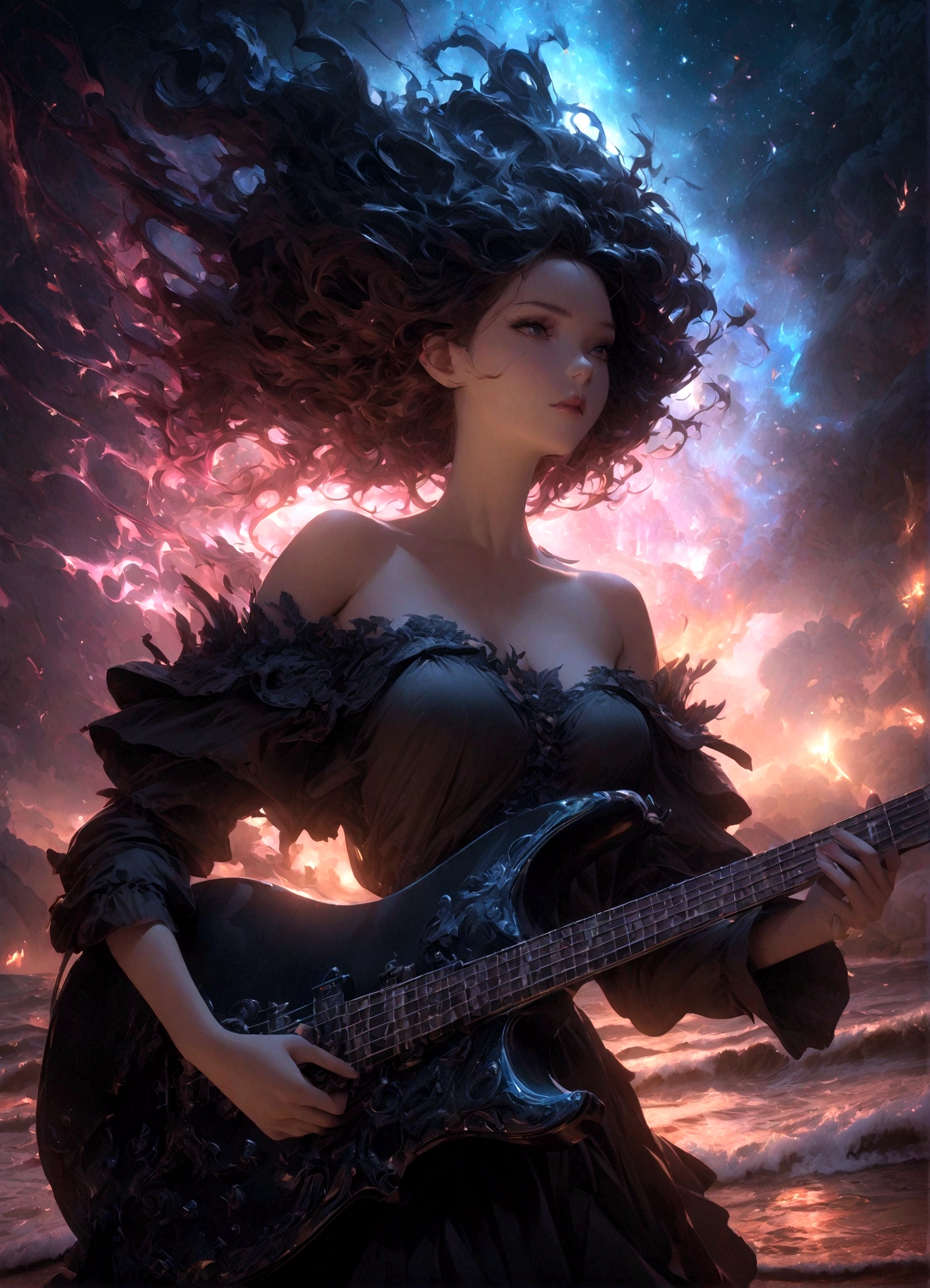 night, 1 Girl, holding electric guitar, clavicle, beach, Starry Sky, fantasy, magic, mystery, Ethereal, sublime atmosphere, dreamlike, Dramatic Lighting, high quality, Octane Rendering, Epic scene, 