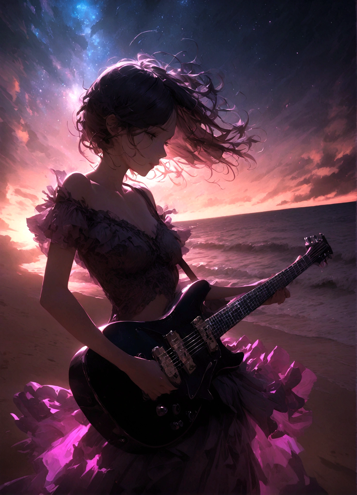 night, 1 Girl, holding electric guitar, clavicle, beach, Starry Sky, fantasy, magic, mystery, Ethereal, sublime atmosphere, dreamlike, Dramatic Lighting, high quality, Octane Rendering, Epic scene, 