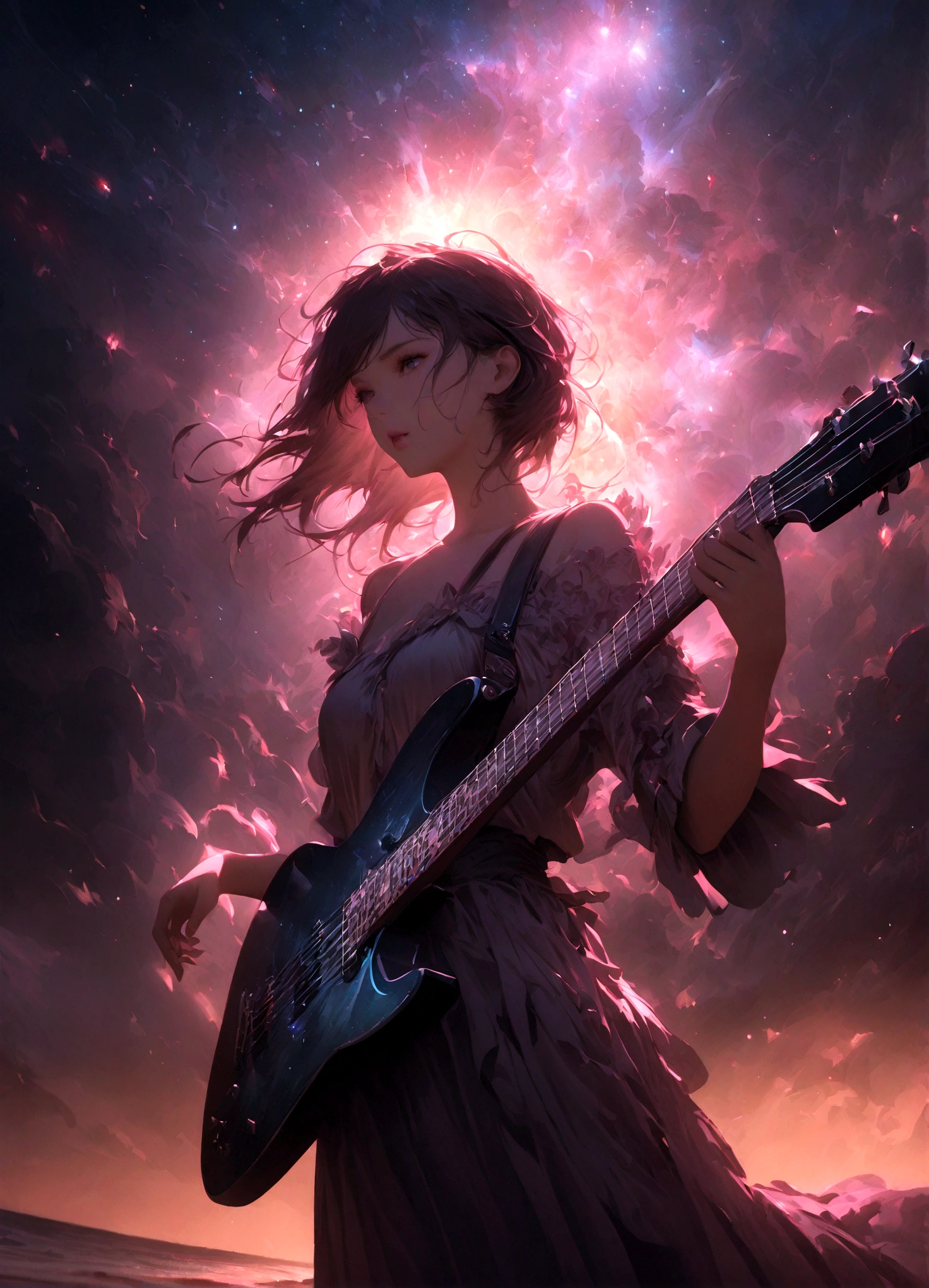 night, 1 Girl, holding electric guitar, clavicle, beach, Starry Sky, fantasy, magic, mystery, Ethereal, sublime atmosphere, dreamlike, Dramatic Lighting, high quality, Octane Rendering, Epic scene,