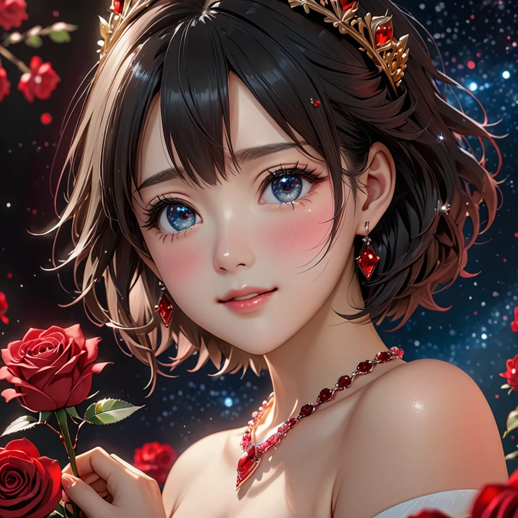 National Science Foundation,masterpiece,High resolution,8K,Art,digit,Three-dimensional,Realism,Kyoto Animation Style,your name movie style,cute,baby face,look into camera,Complex red rose flower background,(1 female: 1.3),(alone: 1.4),(Upper body nudity),Gorgeous red crystal crown,Red crystal necklace,red crystal earrings,Red crystal ring,Hand holding bouquet of black roses,Long eyelashes,Long thin legs,Short Bob,Close-up of upper body,Close-up,Close up,Starry sky at night,Eyes as deep as the starry sky,blush,shy,Crying because of happiness