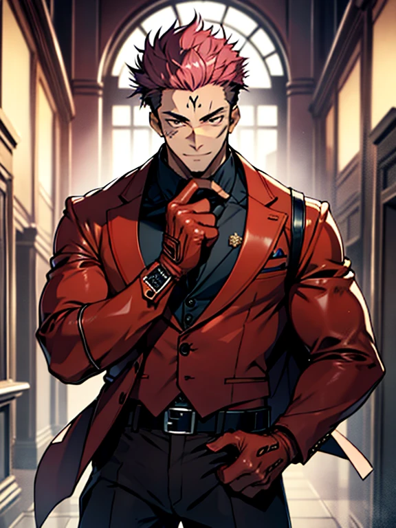 (masterpiece, best quality: 1.2), Solo, nsfw, male focus, 1boy, sukuna, tattoo_On_his_face, male, full bodyesbian, Red Leather jacket, Black Leather shirt, Leather pants, red Leather waistcoat, red Leather tie, Leather Gloves, Bulging muscles, A pink-haired, cow boy shot, 8K, super detailing, hands on penis, large erect penis over 10 inches length and 3 inches width, tight leather suit, inside the house,