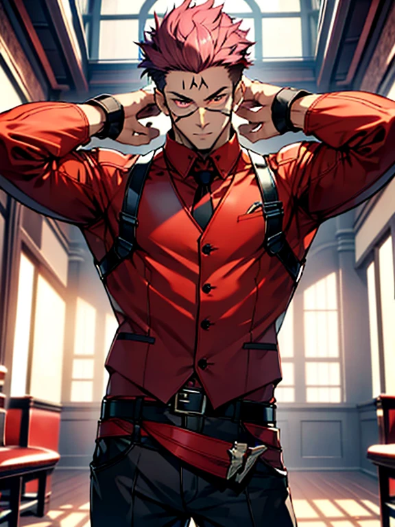 (masterpiece, best quality: 1.2), Solo, nsfw, male focus, 1boy, sukuna, tattoo_On_his_face, male, full bodyesbian, Red Leather jacket, Black Leather shirt, Leather pants, red Leather waistcoat, red Leather tie, Leather Gloves, Bulging muscles, A pink-haired, cow boy shot, 8K, super detailing, hands on penis, large erect penis over 10 inches length and 3 inches width, tight leather suit, inside the house,