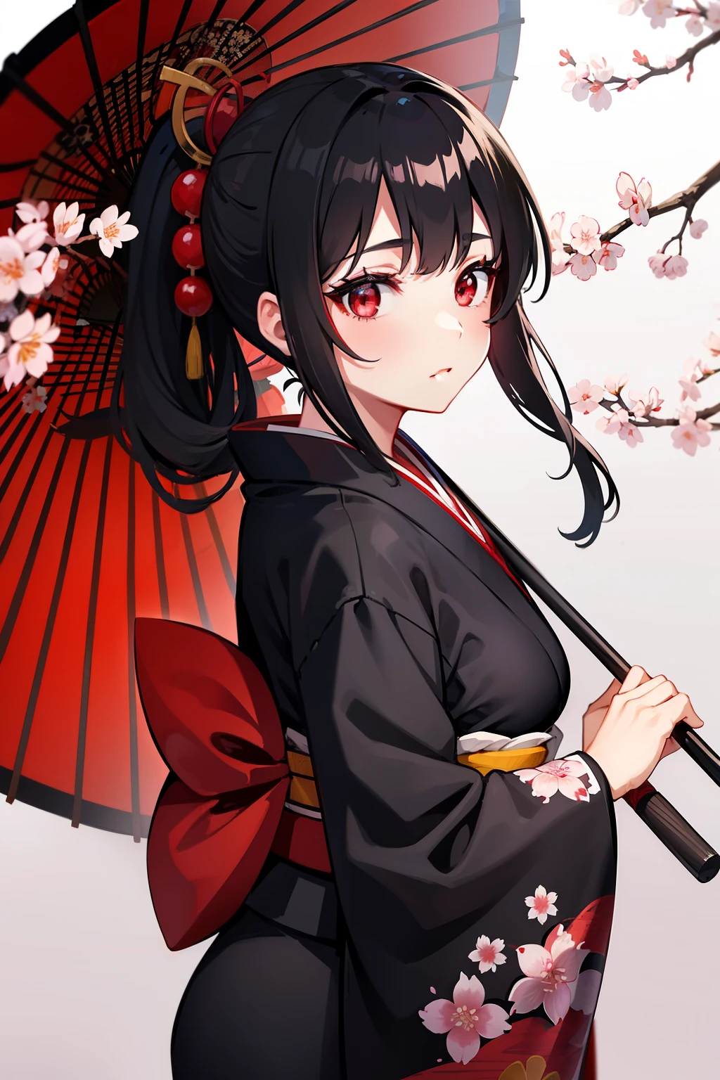 Girl with black hair, ponytail, red eyes, in kimono, Japanese umbrella, sakura blossom, cherry blossoms, kimono, medium boobs,