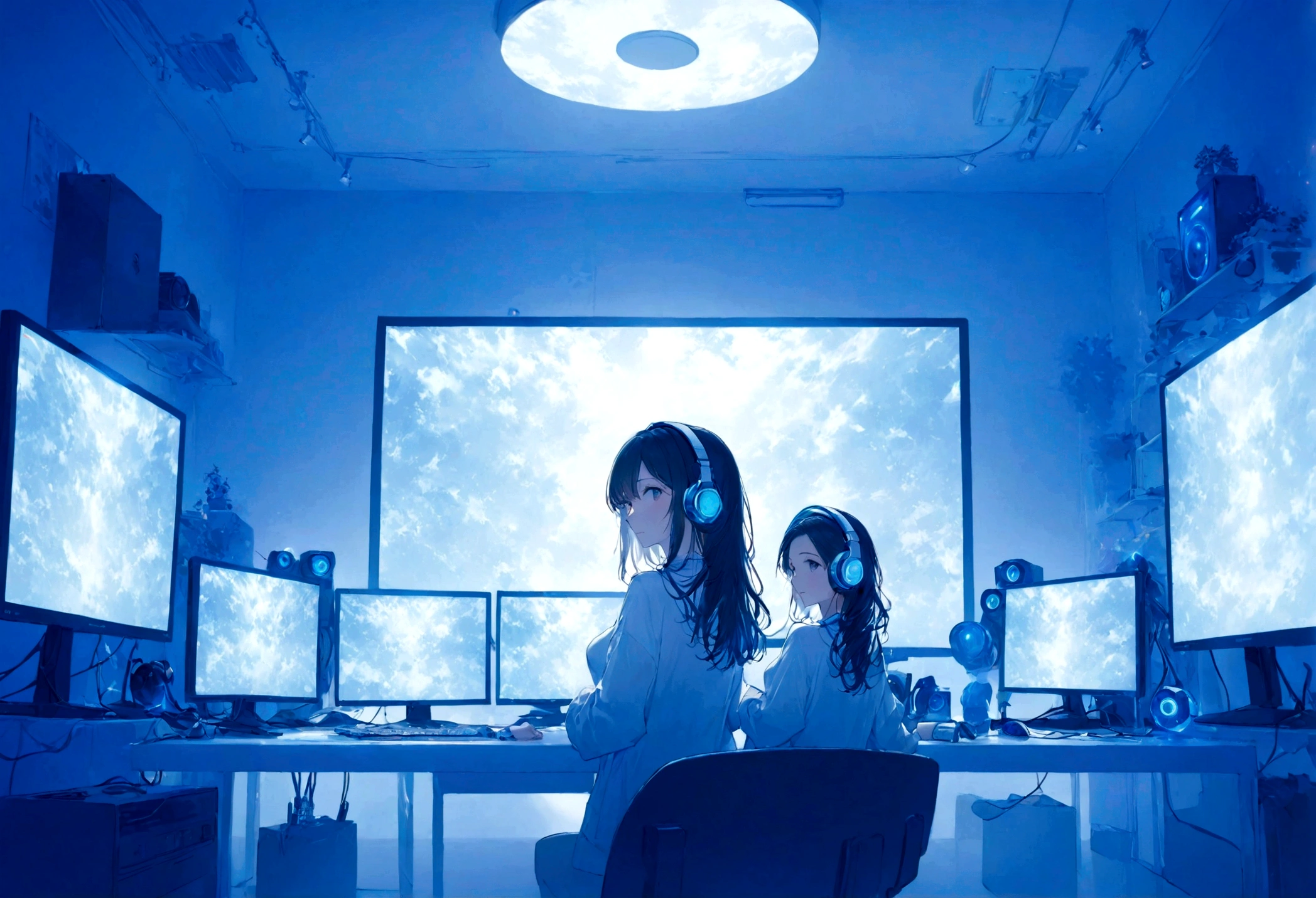 A bright room with LED lights, a simple and cute white room, a female gamer, a simple and cute room, a beautiful and cute woman using a PC, (((PC monitor only on one side))), blue and white theme, room There are white walls and blue LED lights in the four corners of the room, and there is a woman from behind in the center of the screen, 8K, super sharp focus, (((Increase the screen ratio for women))), looking at the PC from behind in the center. woman, headphones, microphone, neon, black light, masterpiece, top quality, volume lighting, bright and fun atmosphere,