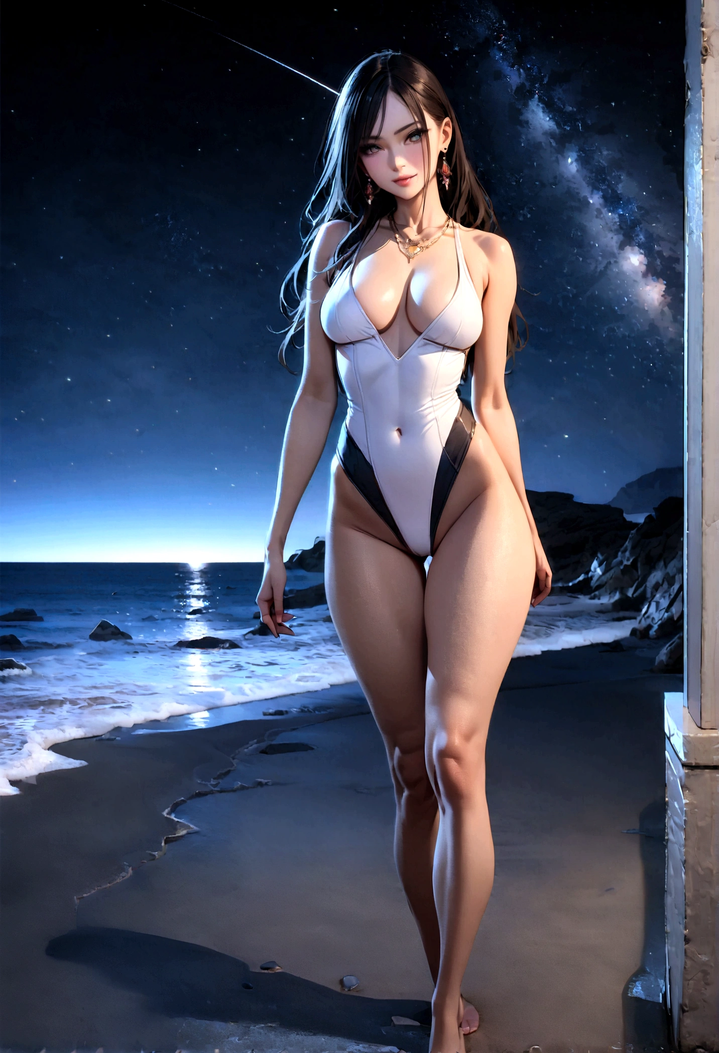 8k, masterpiece, RAW Photos, highest quality, Realistic, Very detailed, Depth of written boundary, Cinematic Light, Anatomically correct body,
One beautiful 40 year old woman, (Very beautiful face:1.3), (Exquisitely detailed face:1.3), (A seductive face:1.2), (Very delicate skin texture:1.3), Transparent muscle, Shiny white skin, Glamorous Body,
(Wavy black long hair:1.2), (Sexy Breasts:1.1), (Sexy ass:1.1),
(White high-leg retard swimsuit:1.4), (Detailed cloth texture:1.2), (Gorgeous necklace:1.1), (Gorgeous earrings:1.1),
(Dark starry background:1.4), (Milky Way:1.1), (milky way:1.1), (shooting star:1.1), (Dark coastline at night:1.4), (Pitch black sea surface:1.4),
(Standing on the beach:1.2),