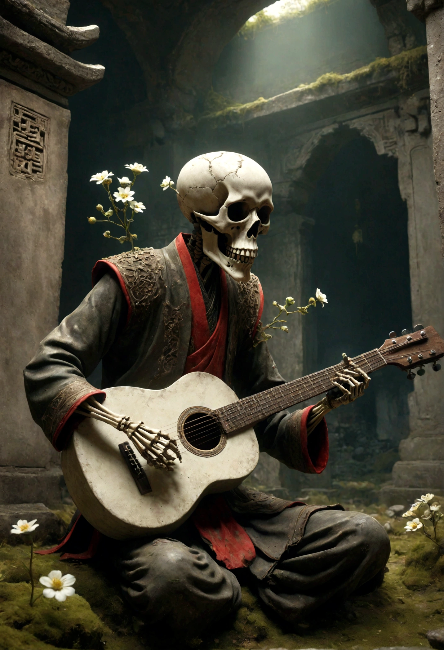 a skeletal figure playing a guitar, melancholic, desolate, moss-covered, dilapidated, squalid, (best quality,4k,8k,highres,masterpiece:1.2),ultra-detailed,(realistic,photorealistic,photo-realistic:1.37),dark fantasy,grim,moody lighting,dramatic shadows,cinematic,moody color palette,muted tones,grunge,decaying,weathered，tattered，Small white flowers，Ancient Chinese tombs，Dungeons，Cemetery，Black red