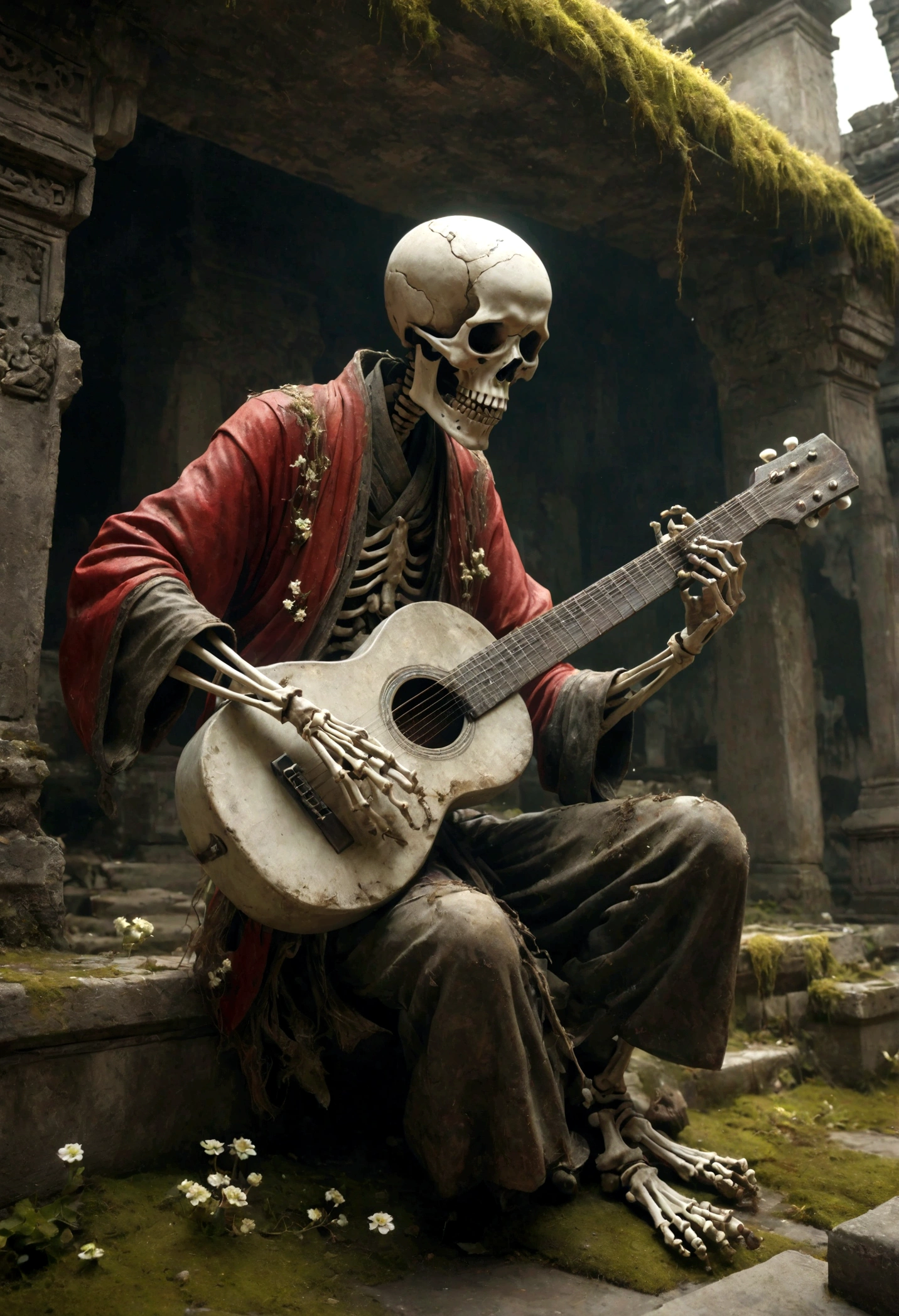 a skeletal figure playing a guitar, melancholic, desolate, moss-covered, dilapidated, squalid, (best quality,4k,8k,highres,masterpiece:1.2),ultra-detailed,(realistic,photorealistic,photo-realistic:1.37),dark fantasy,grim,moody lighting,dramatic shadows,cinematic,moody color palette,muted tones,grunge,decaying,weathered,tattered,Small white flowers,Ancient Chinese tombs,Dungeons,Cemetery,Black red