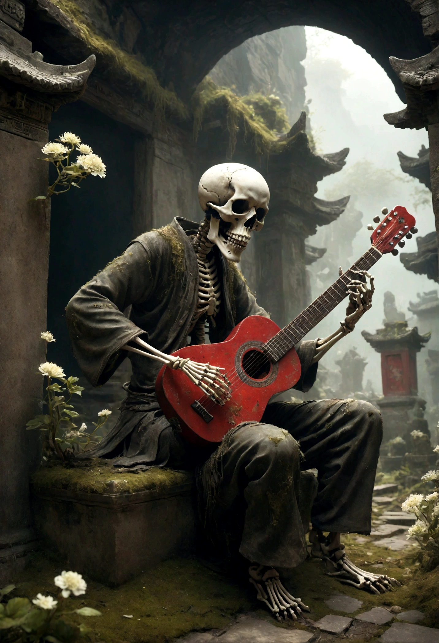 a skeletal figure playing a guitar, melancholic, desolate, moss-covered, dilapidated, squalid, (best quality,4k,8k,highres,masterpiece:1.2),ultra-detailed,(realistic,photorealistic,photo-realistic:1.37),dark fantasy,grim,moody lighting,dramatic shadows,cinematic,moody color palette,muted tones,grunge,decaying,weathered，tattered，Small white flowers，Ancient Chinese tombs，Dungeons，Cemetery，Black red