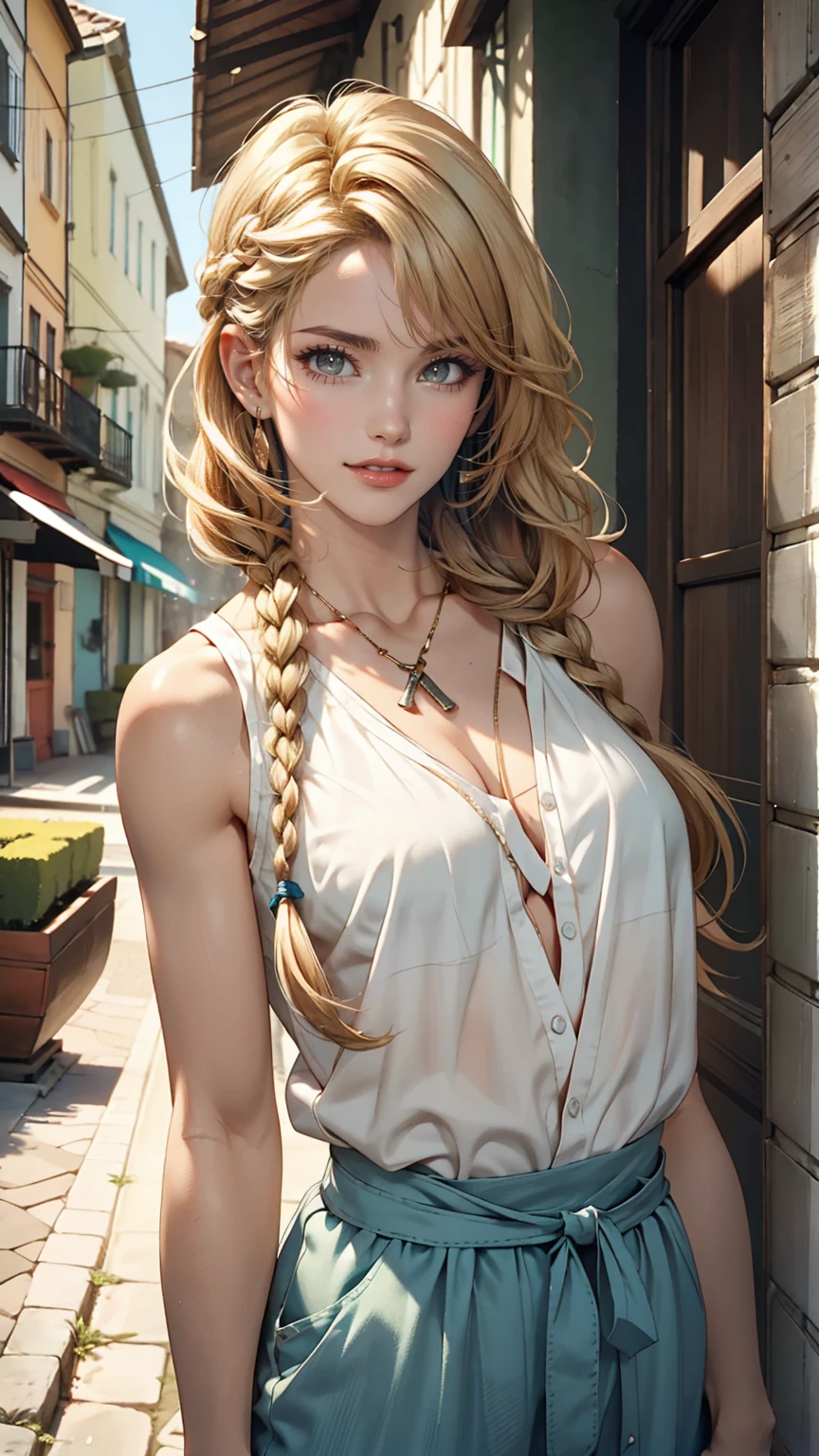 A 23-year-old white woman with unparalleled beauty、blue eyes、Dark Blonde、Hair is wavy、Hair loosely braided、semi-long、Smiling face leaning in front of a pale green wall、View from the front、Wearing a high-necked sleeveless top、She's wearing tight, distressed denim hot pants.、One hand in pocket、The navel is sticking out、My abs are ripped、A slender yet well-proportioned body、The sunlight is shining from above、Photorealistic images、8K quality、My chest is popping out