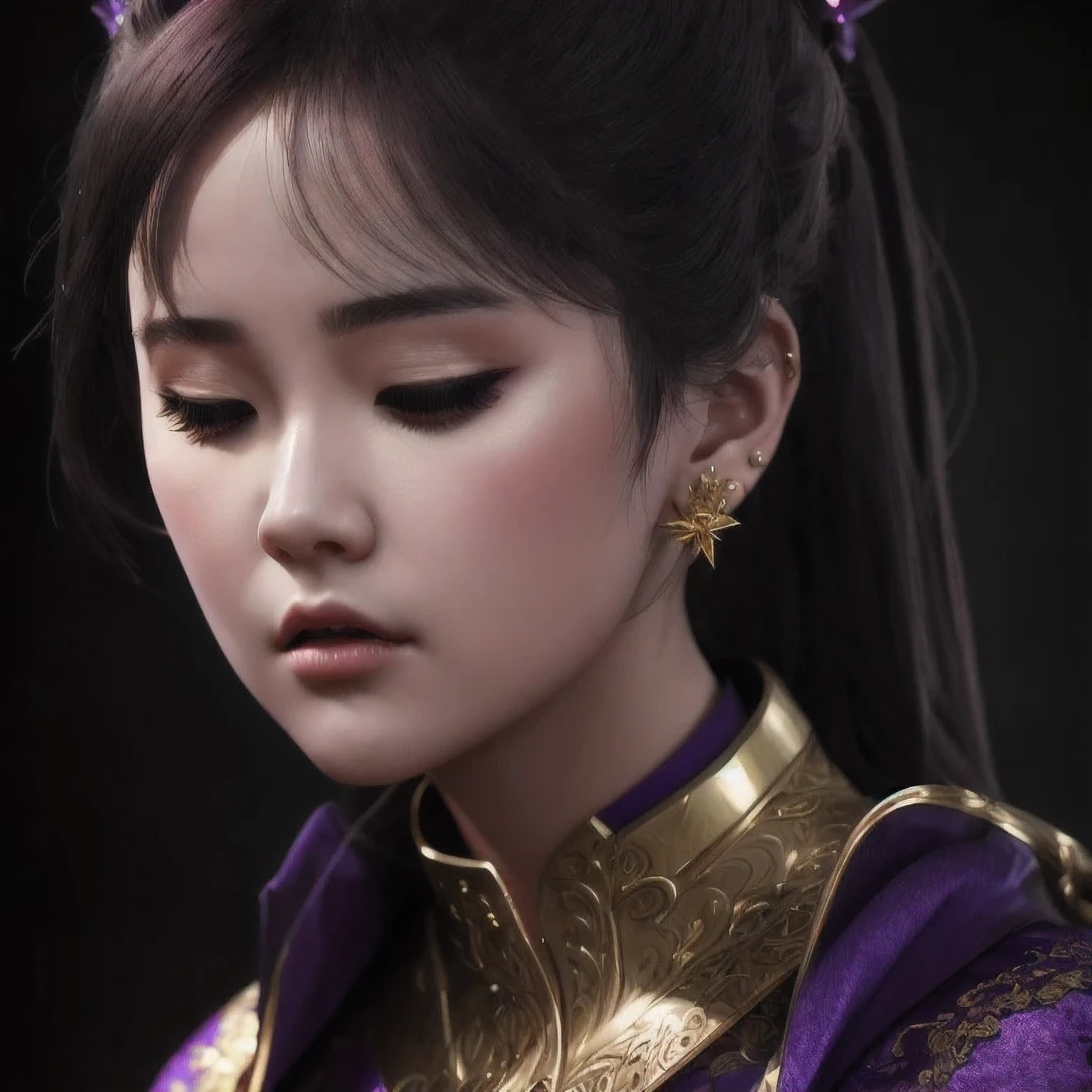 there is a 18 years old in a purple dress holding a dragon, wlop and ross tran, ross tran 8 k, fantasy art style, chengwei pan on artstation, a beautiful fantasy empress, ross tran and wlop, ruan jia and artgerm, the dragon girl portrait, ig model | artgerm, artgerm and ruan jia,beautiful
1girl
bangs
深绿 eyes
closed mouth
ear piercing
earrings
grey background
hair ornament
jewelry
lips
looking at viewer
military
military uniform
nose
piercing
portrait
realistic
short hair
simple background
solo
upper body