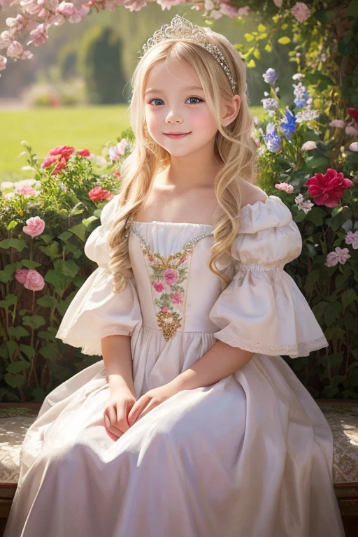 A 6-year-old beautiful girl painted in an oil painting style reminiscent of an impressionist painting.。She is fair-skinned and、With long blonde hair、She is wearing a gorgeous Rococo dress.。The backdrop is a magnificent, gorgeous, cinematic palace。Gentle light Garden.She is looking at me and smiling。