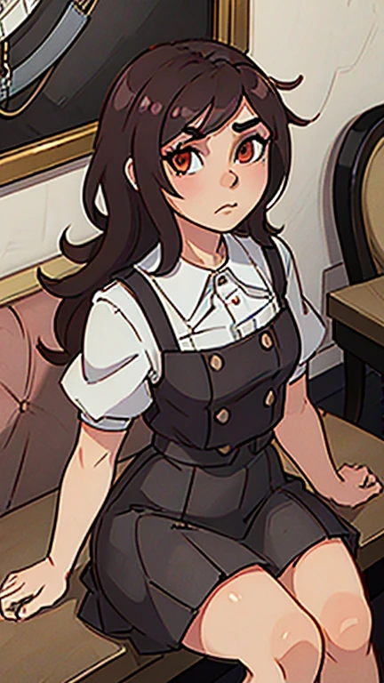 anime boy, crossdresser, 1boy, medium dark brown hair, red eyes, brown skin, wide hips, large buttocks, narrow waist and thick thighs, flustered, brushing, sitting over a table in the dinning room of a luxurious mansion, flat chest, short skirt, visible bulge, shirt, maid outfit, in a suggestive pose