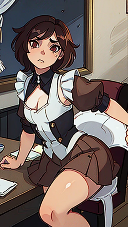 anime boy, crossdresser, 1boy, medium dark brown hair, red eyes, brown skin, wide hips, large buttocks, narrow waist and thick thighs, flustered, brushing, sitting over a table in the dinning room of a luxurious mansion, flat chest, short skirt, visible bulge, shirt, maid outfit, in a suggestive pose
