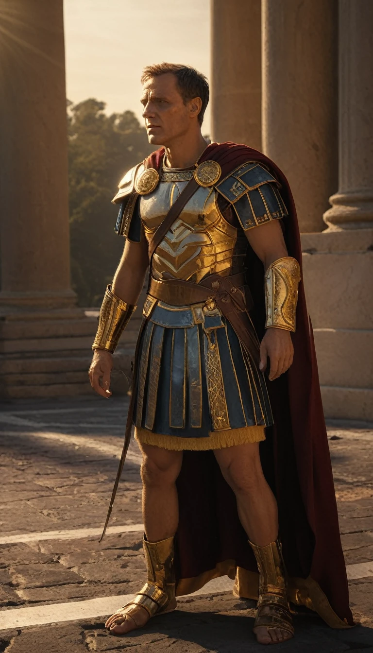 As the sun began to set, The warm golden hues of the sun illuminated his ornate attire, casting a warm glow across the area, Ground-level shot, Produce an image depicting the moment when Julius Caesar uttered his last words, 'Et tu, Brute, background dark, hyper realistic, ultra detailed hyper realistic, photorealistic, Studio Lighting, reflections, dynamic pose, Cinematic, Color Grading, Photography, Shot on 50mm lens, Ultra-Wide Angle, Depth of Field, hyper-detailed, beautifully color, 8k, golden light from the front,