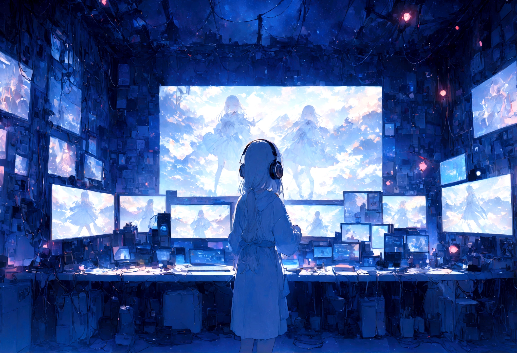 A bright room with LED lights, a simple and cute white room, a female gamer, a simple and cute room, a beautiful and cute woman using a PC, (((PC monitor only on one side))), blue and white theme, room There are white walls and blue LED lights in the four corners of the room, and there is a woman from behind in the center of the screen, 8K, super sharp focus, (((Increase the screen ratio for women))), looking at the PC from behind in the center. woman, headphones, microphone, neon, black light, masterpiece, top quality, volume lighting, bright and fun atmosphere,