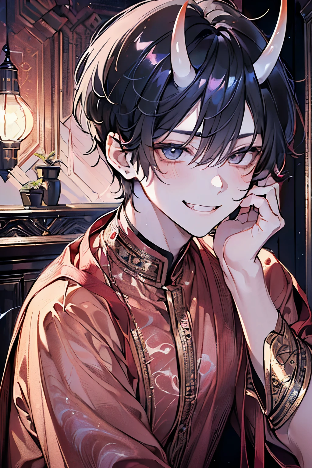 ((Adult male, around 25 years old:1.5)),((short hair:1.2)),((lightning hair:1.3)),(Shiny marble eyes:1.45),(forehead mark),((Devil horns:1.2)),(A mischievous smile:1.4),((blush、Excited face:1.2)),((Calm room:1.25)),((Gorgeous Arabian costume:1.3)),(hand to own cheek:1.2),((upper body:1.4)),(nsfw:1.0)