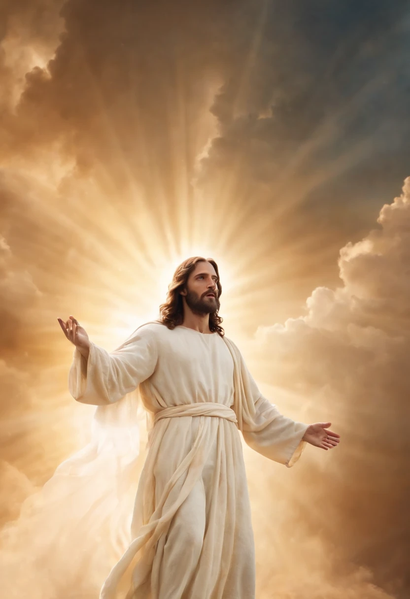 A visual representation of Jesus returning to heaven, com cores vibrantes e uma aura celestial.