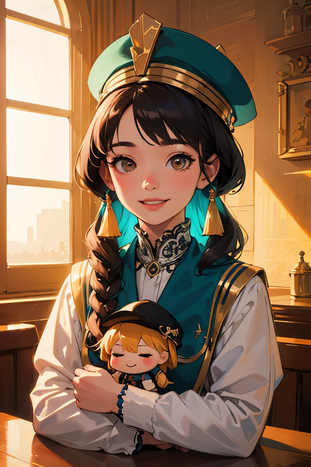 photorealistic, cute chibi girl doll, visiting Egyptian pyramids, smiling, wearing hat, high quality, 8k, detailed, hyper realistic, intricate details, warm lighting, vibrant colors, cinematic composition, masterpiece