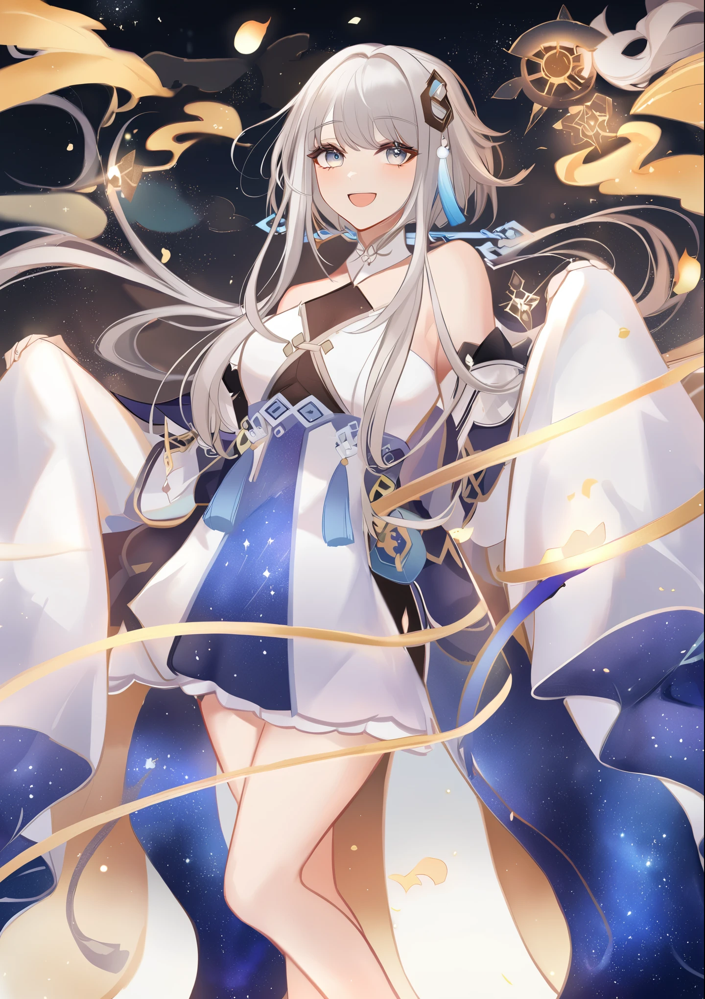 1girl,guizhong_\(genshin impact\),anime girl with long white hair and white and blue dress, long sleeves fully covering hands, white haired deity, beautiful celestial mage, anime goddess, cute anime waifu in a nice dress, lunar themed attire, celestial goddess, anime girl with cosmic hair, astral witch clothes,goddess of galaxies,smile