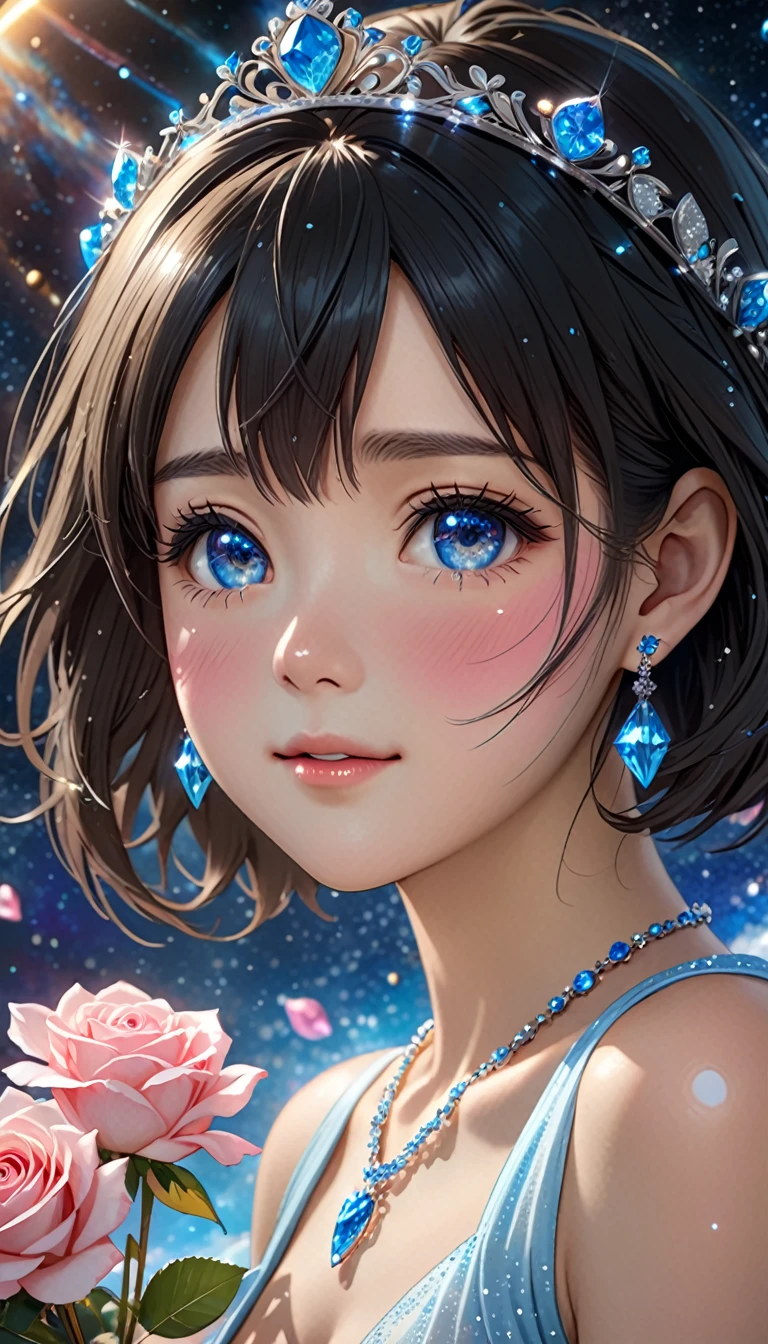 National Science Foundation,masterpiece,High resolution,8K,Art,digit,Three-dimensional,Realism,Kyoto Animation Style,your name movie style,cute,,look into camera,The vast universe galaxy planet background,(1 female: 1.3),(alone: 1.4),(Upper body nudity),Gorgeous blue crystal tiara,Blue crystal necklace,Sapphire crystal earrings,Blue crystal ring,Hand holding bouquet of pink roses,Long eyelashes,Long thin legs,Short Bob,Close-up of upper body,Close-up,Close up,Eyes as deep as the starry sky,blush,shy,Crying because of happiness