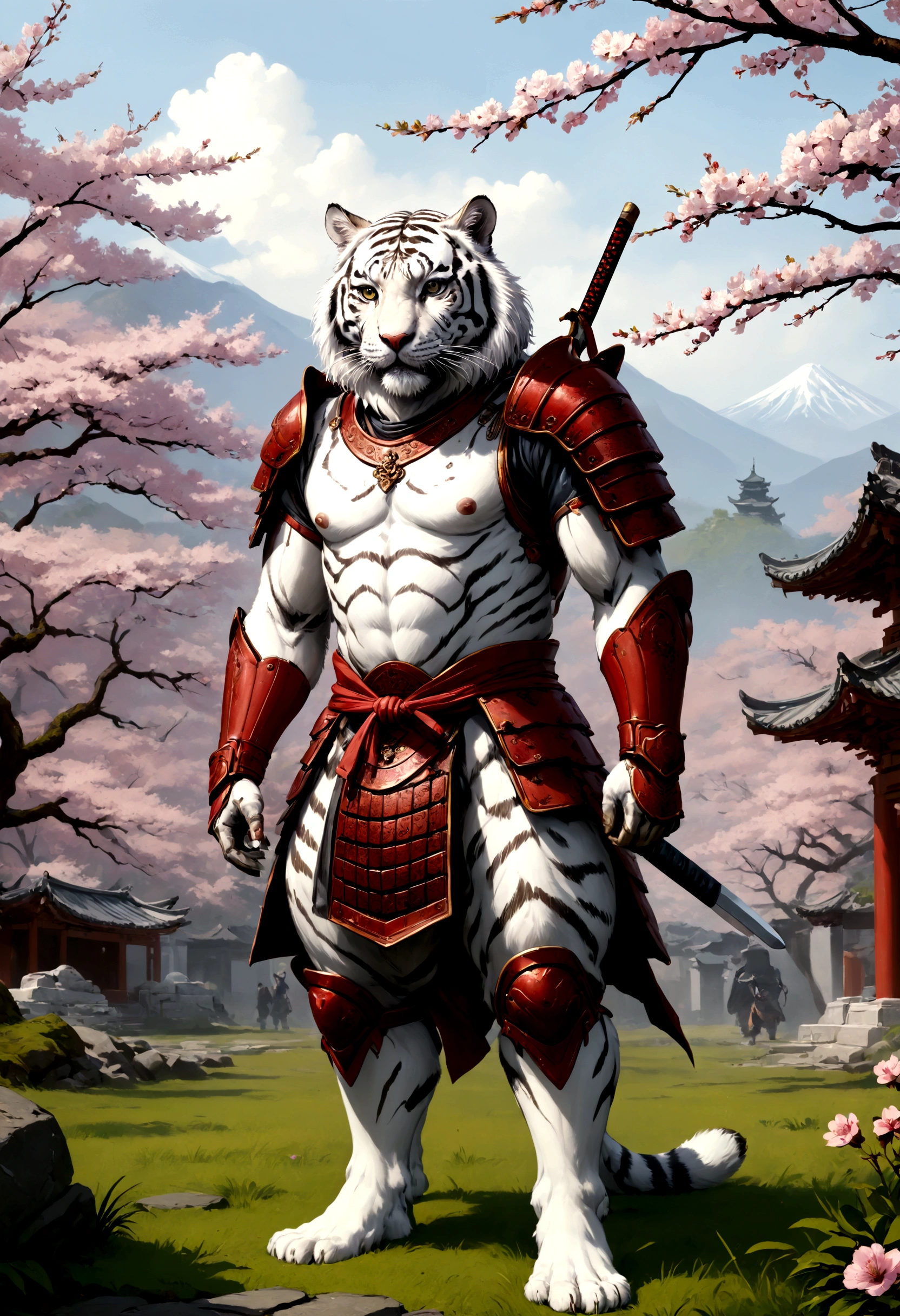 ((Masterpiece)), (Best Quality), (Cinematic),(highly accurate drawing in every detail)(extremely precise representation)complete_body_shot, a stunning white tiger(white siberian tiger) (with all tiger specific bodyparts) with partly longer flowing fur clad in ancient red samurai plate armor with helmeted samuraihelmet and katana and nodachi standing ready to fight in front of temple with cherry blossoms. the scenery is absurd but awe inspiring. high quality linework,plain background,1 line drawing,flat watercolor background,