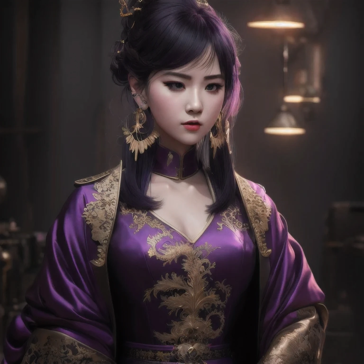 there is a 18 years old in a purple dress holding a dragon, wlop and ross tran, ross tran 8 k, fantasy art style, chengwei pan on artstation, a beautiful fantasy empress, ross tran and wlop, ruan jia and artgerm, the dragon girl portrait, ig model | artgerm, artgerm and ruan jia，beautiful
1girl
bangs
深绿 eyes
closed mouth
ear piercing
earrings
grey background
hair ornament
jewelry
lips
looking at viewer
military
military uniform
nose
piercing
portrait
realistic
short hair
simple background
solo
upper body