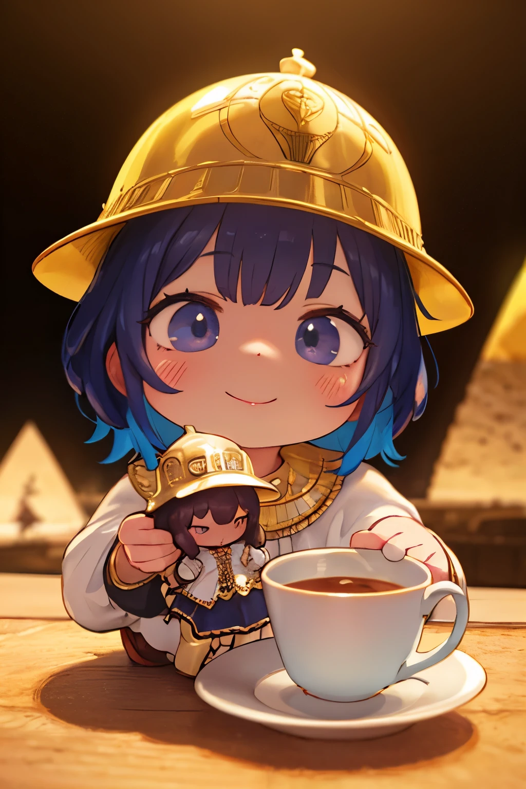 photorealistic, cute chibi girl doll, visiting Egyptian pyramids, smiling, wearing hat, high quality, 8k, detailed, hyper realistic, intricate details, warm lighting, vibrant colors, cinematic composition, masterpiece