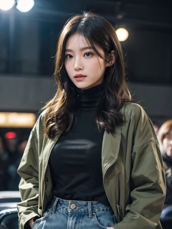 Captivating eyes, Balanced Eyes, //Street Snap //wear, Olive drab, Parka Shell M-1951, Black turtleneck, jeans //breast focus, ((In-person audience)), on the road, //Japanese women, Pale skin, //((Are standing)), high quality:1.3, Professional Lighting:2.0 Realistic:1.2, 4K resolution, Detailed skin, masterpiece:1.1