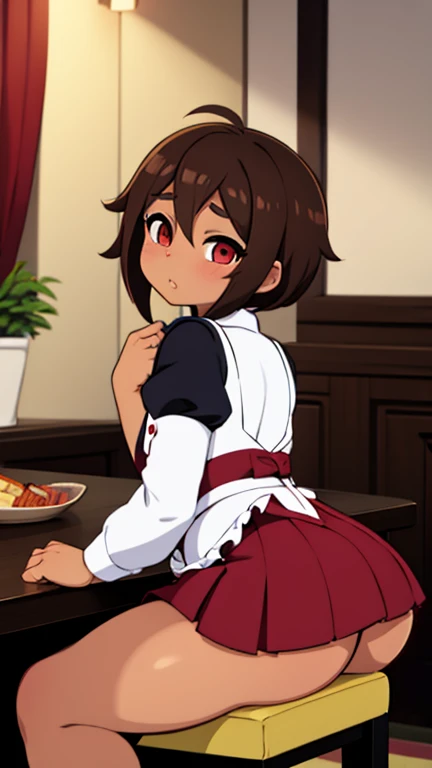 anime boy, crossdresser, 1boy, medium dark brown hair, red eyes, brown skin, wide hips, large buttocks, narrow waist and thick thighs, flustered, brushing, sitting over a table in the dinning room of a luxurious mansion, flat chest, short skirt, visible bulge, shirt, maid outfit, in a suggestive pose, with his buttocks being gropped from behind 