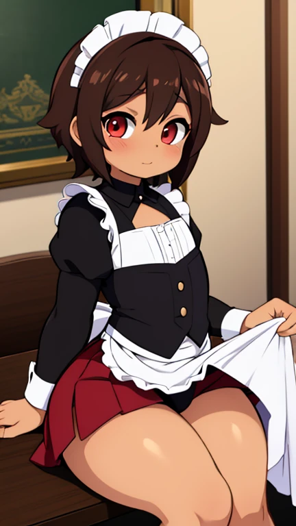 anime boy, crossdresser, 1boy, medium dark brown hair, red eyes, brown skin, wide hips, large buttocks, narrow waist and thick thighs, flustered, brushing, sitting over a table in the dinning room of a luxurious mansion, flat chest, short skirt, visible bulge, shirt, maid outfit, in a suggestive pose, with his buttocks being gropped from behind 