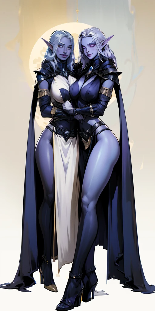 (orgy female harem drow elf hugging each other)(chest covered)(smile) Gray skin, pale golden hair and violet eyes. She prefer's clothing of white and silver with cloaks of deep blue or purple, huge_knockers ((very precise detailed)) ((high res) golden bracers (plain background) high heels 👠 feet together standing straight symmetrical looking to the viewer, loincloth standing straight