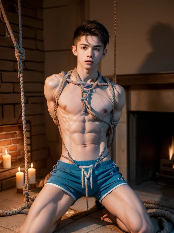 (((18 year old shirtless, very skinny twink))), fair hair, handsome face (((wearing gym shorts))) biceps flexed, kneeling, ((((Trussed up completely with rope)))), ((((very tight rope crossed over chest)))), sweating, wet skin, Afraid in a dungeon with candles and a fireplace
