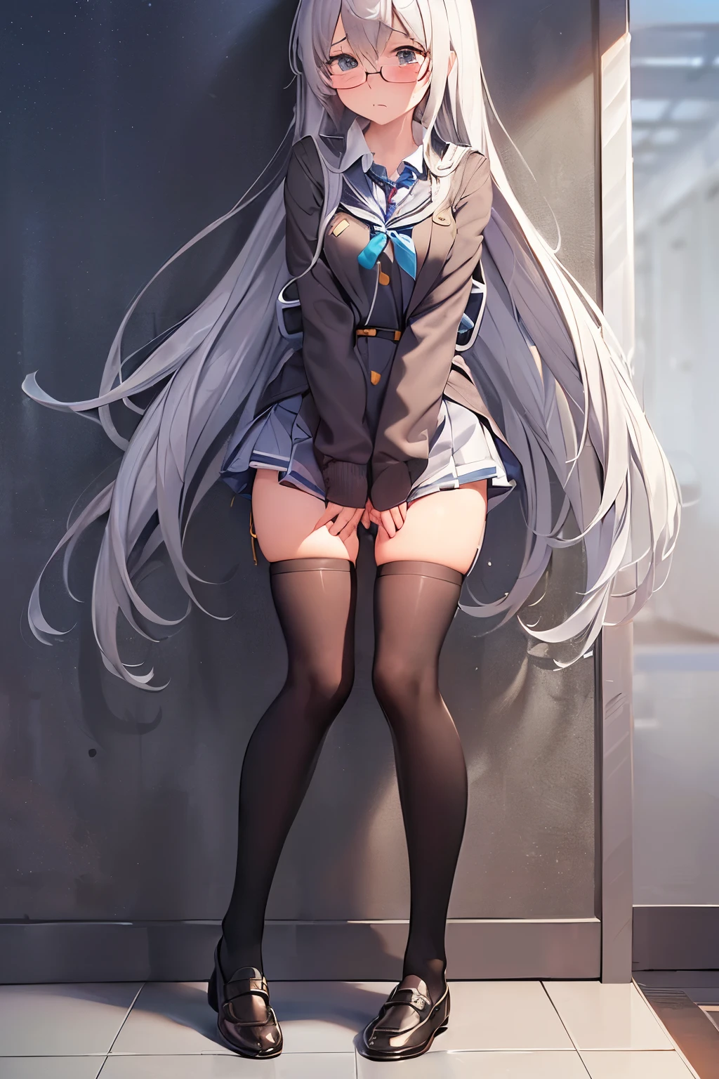 (full body:1.3),1 cute girl,silver long hair,(school costume:1.7),very mini skirt,classroom,blazer,black glasses,(Loafer),(zettai ryouiki:1.3),flat breast,(desperate to pee:1.3),(grabbing her crotch:1.3),(standing), (impatience:1.3), (embarrassed:1.3), (looking down:1.3)