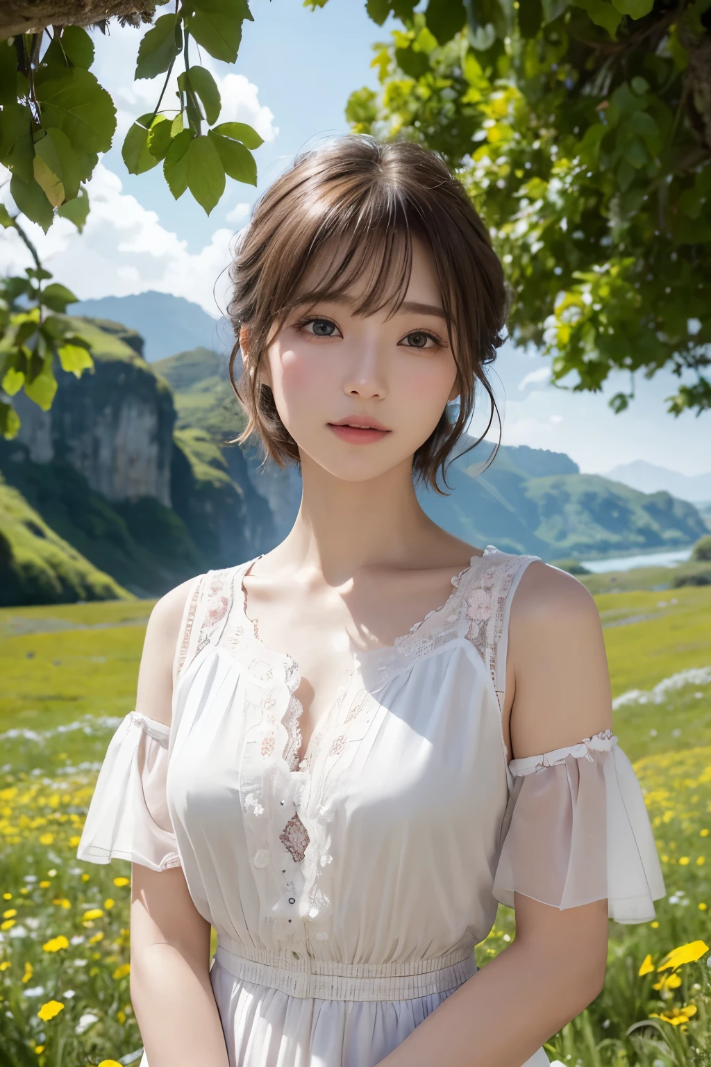 Ultra-high resolution、(Real:1.4)、One beautiful woman、Beautifully detailed eyes and skin、Light brown short hair、A tiny smile、Sad、Small Bust、shirt、White and pink meadow flowers々、Valley、Remains of ancient megastructures、wood々Beyond the sea、Cloudy、Weak afternoon and evening sunlight、