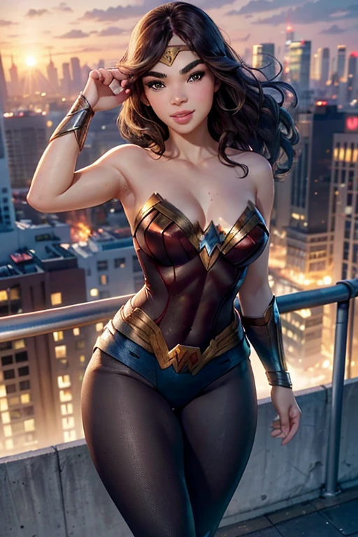 Natural Beauty, Masterpiece, Hailee Steinfeld, Perfectly Accurate Face Proportion, Thick Eyebrows, Open Hair Waving, Wonder Woman, Big Breast, Curve Wide Hips, Toned Thighs, Toned Arms, on a rooftop looking over the city, Super Hero Pose, Grin On Her Face, Realistic Art Style