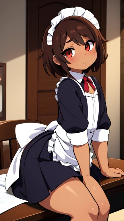 anime boy, crossdresser, 1boy, medium dark brown hair, red eyes, brown skin, wide hips, large buttocks, narrow waist and thick thighs, flustered, brushing, sitting over a table in the dinning room of a luxurious mansion, flat chest, short skirt, visible bulge, shirt, maid outfit, in a suggestive pose, with his buttocks being gropped from behimd by a tall faceless man