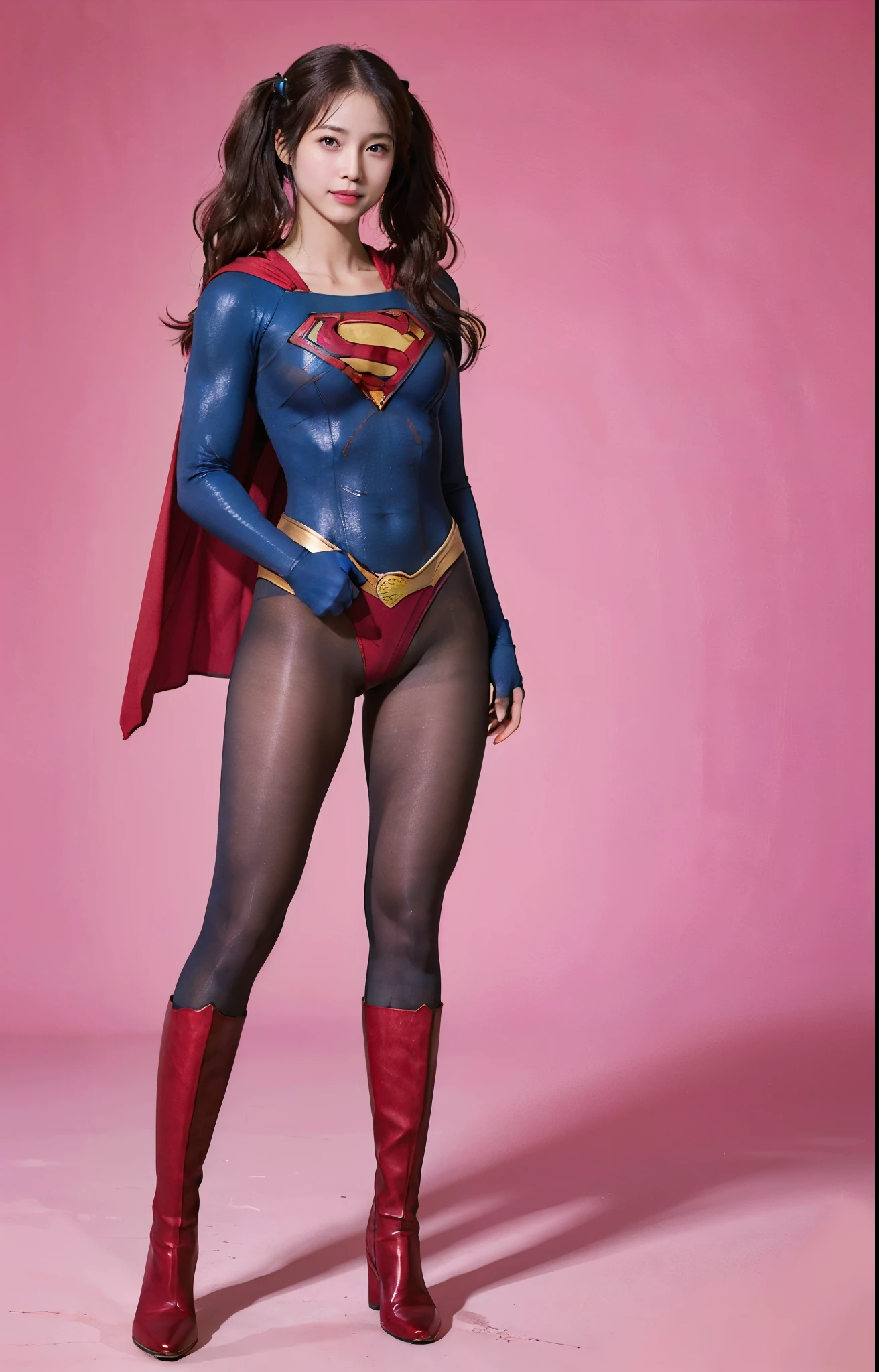 No background、(((Beautiful legs in black tights.)))、(((Legally express the beauty of your smile)))、((((Make the most of your original images)))、(((Body-hugging Supergirl costume)))、(((Supergirl Costume)))、(((Beautiful hair with twin tails)))、(((suffering)))、(((Please wear black tights....、Wear red boots)))、((Best image quality、8k))、((highest quality、8k、masterpiece:1.3))、(((Preserve background )))、Sharp focus:1.2、Beautiful woman with perfect figure:1.4、Slim Abs:1.2、Wet body:1.5、Highly detailed face and skin texture、8k