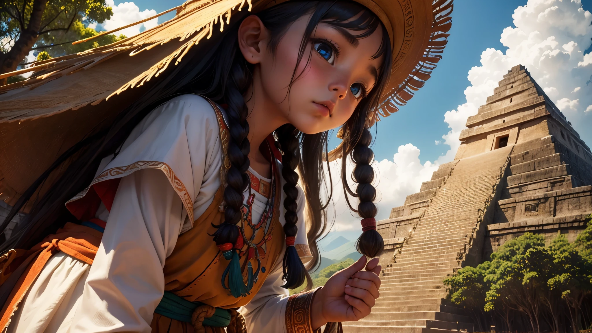 Childish, Loli High Quality、Ultra-detailed、8age、Mayan Aztec young priestess、Looking up at the flying god Quetzalcoatl and offering prayers、Top of the Pyramid of the Sun(Forests around)、mysterious、