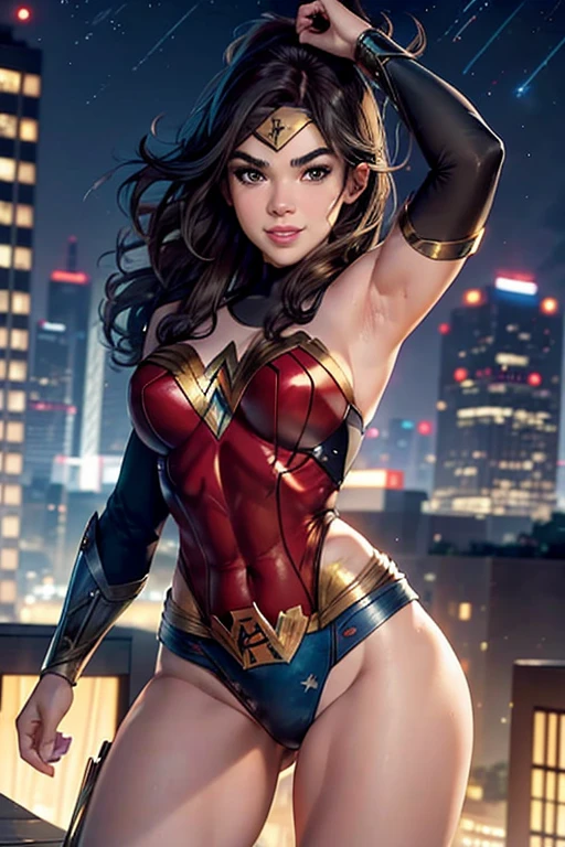 Natural Beauty, Masterpiece, Hailee Steinfeld, Perfectly Accurate Face Proportion, Thick Eyebrows, Wonder Woman, Big Breast, Curve Wide Hips, Toned Thighs, Toned Arms, on a rooftop looking over the night city, Super Hero Pose, Grin On Her Face, Realistic Art Style