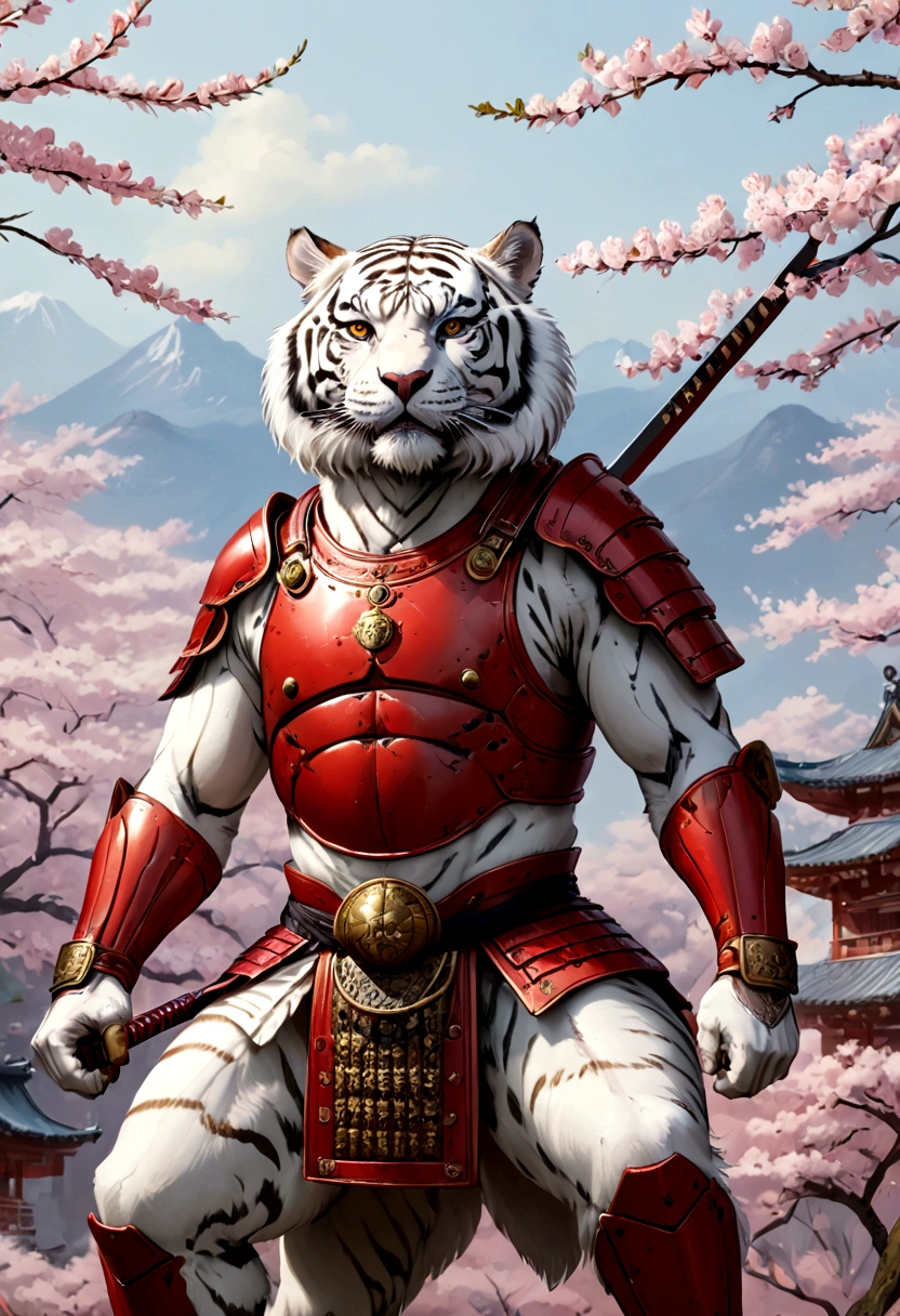 ((Masterpiece)), (Best Quality), (Cinematic),(highly accurate drawing in every detail)(extremely precise representation)complete_body_shot, a stunning white tiger(white siberian tiger) (with all tiger specific bodyparts) with partly longer flowing fur clad in ancient red samurai plate armor with helmeted samuraihelmet and katana and nodachi gets in fighting pose in front of temple with cherry blossoms. the scenery is absurd but awe inspiring. high quality linework,plain background,1 line drawing,flat watercolor background,