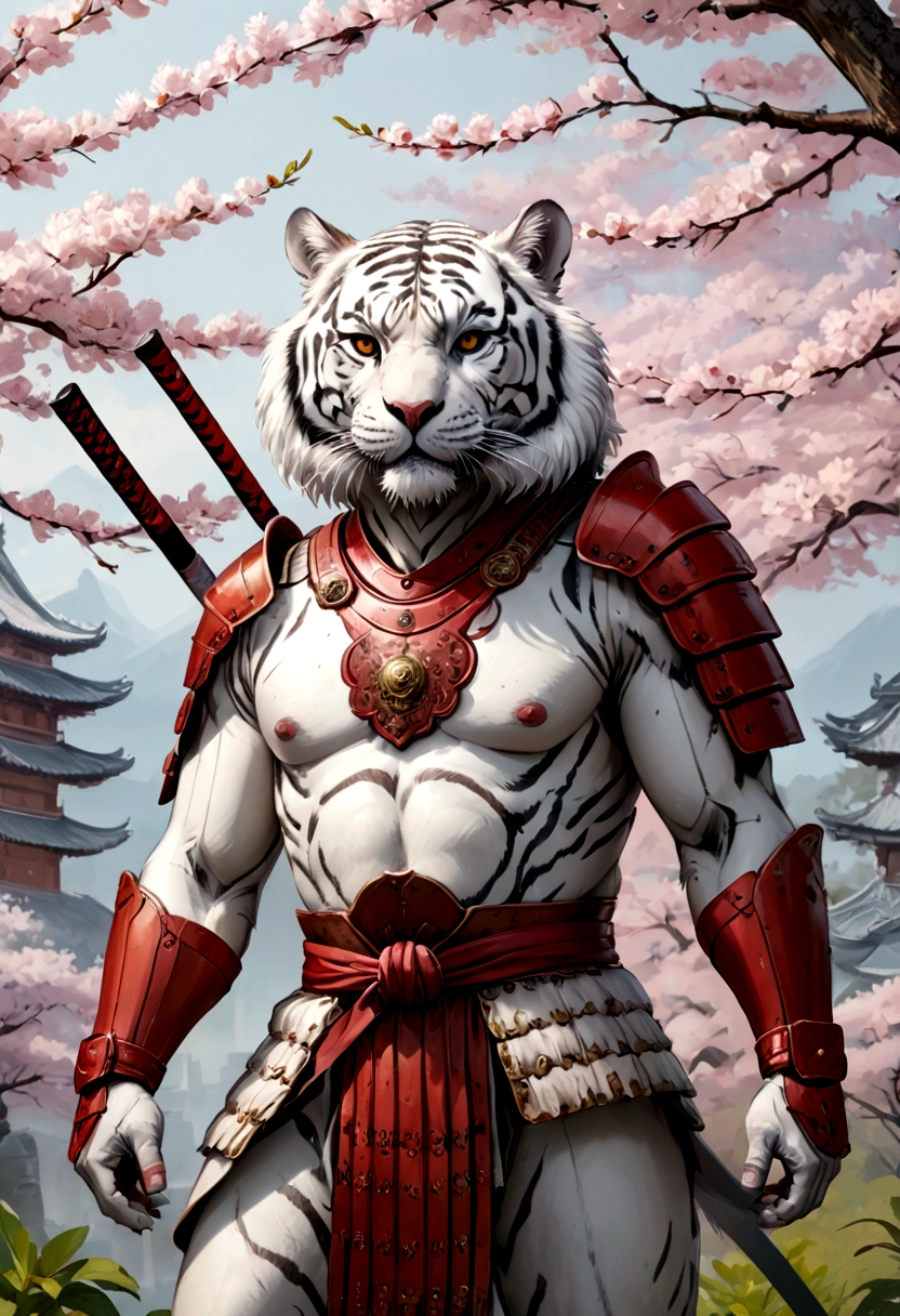 ((Masterpiece)), (Best Quality), (Cinematic),(highly accurate drawing in every detail)(extremely precise representation)complete_body_shot, a stunning white tiger(white siberian tiger) (with all tiger specific bodyparts) with partly longer flowing fur clad in ancient red samurai plate armor with helmeted samuraihelmet and katana and nodachi gets in fighting pose in front of temple with cherry blossoms. the scenery is absurd but awe inspiring. high quality linework,plain background,1 line drawing,flat watercolor background,