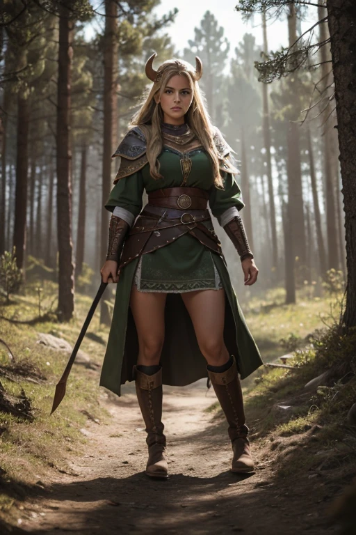 mujer guerrera vikinga caminando solitaria en medio del bosque, con un diminuto traje que apenas le cubre el cuerpo, tiene ojos verdes y una larga cabellera, tiene un rostro hermoso y unas piernas largas, con botas de cuero, Ultra realistic photo style, cinematic lighting, alto detalle, 8k, high quality photography.  vista amplia