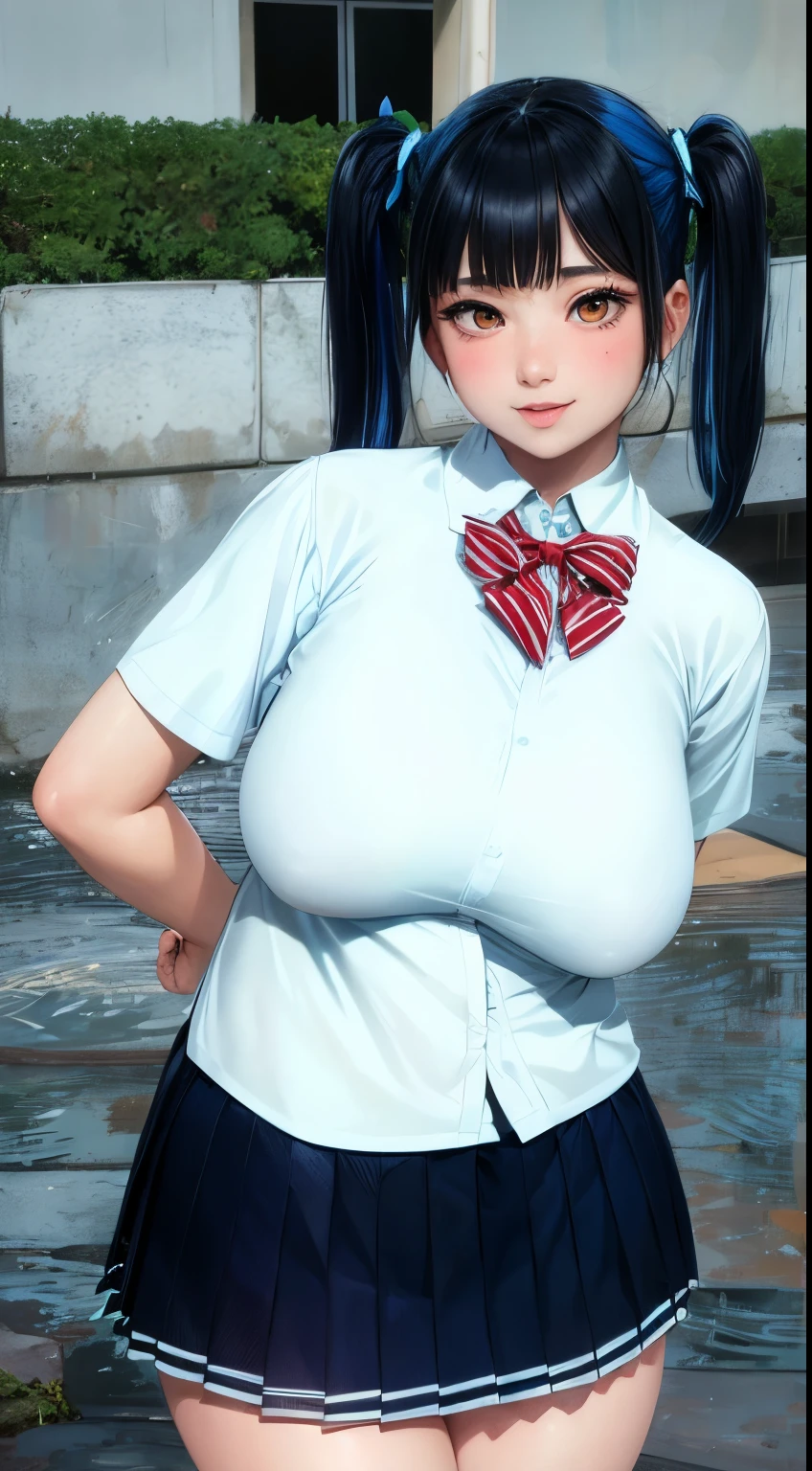 masterpiece, high resolution, best quality, ultra-detailed, Full-HD, super fine illustration,
nsfw,
extremely detailed face,
(1 girl, 18 years old:1.2), solo,
natural makeup, glossy lips, baby face, kawaii,
{(almond eyes, cyan eyes)}, beautiful detailed eyes, (japanese girl:1.2),
(fluffy huge , sagging boobs), plump, voluptuous, wide hips, thick thighs, lustrous skin, shiny skin,
{(short twin tail hair, midnight blue hair:1.2), straight hair}, parted bangs,
{school uniform, white short sleeve collared shirt},
{school uniform, navy pleated skirt, miniskirt},
smiling, glad, delightful,
standing, fold her arms behind back,
looking at viewer,
School, Schoolyard, outside, POV,
((cowboy shot, front view)), focus to cleavage
