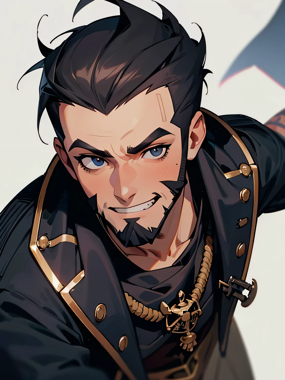 from above:1.3: close up face:0.8,solo, black short hair, sideshaved, darkskin,beard:0.6, male eyes, male nose, male mouth, grin, pirate clothes, Captain Hook's hands, simple back ground,