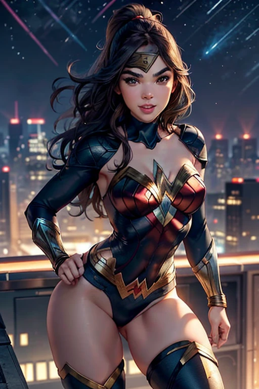 Natural Beauty, Masterpiece, Hailee Steinfeld, Perfectly Accurate Face Proportion, Thick Eyebrows, Wonder Woman, Big Breast, Curve Wide Hips, Toned Thighs, Toned Arms, on a rooftop looking over the night city, Super Hero Pose, Meteors Falling from the sky, Grin On Her Face, Realistic Art Style