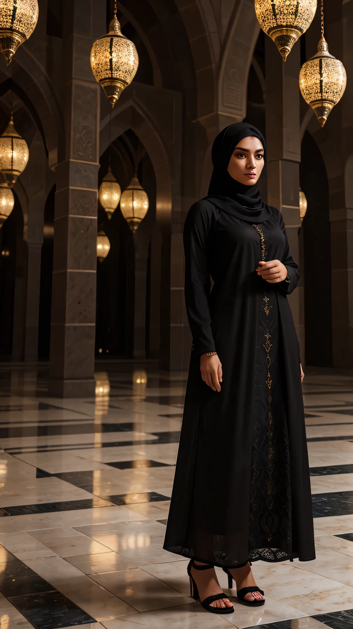 beautiful woman in hijab and modern black muslim clothes, standing at nabawi mosque, extremely detailed face and eyes, long eyelashes, beautiful detailed lips, hyper realistic, 8k, photorealistic, dramatic lighting, moody atmosphere, intricate architectural details,