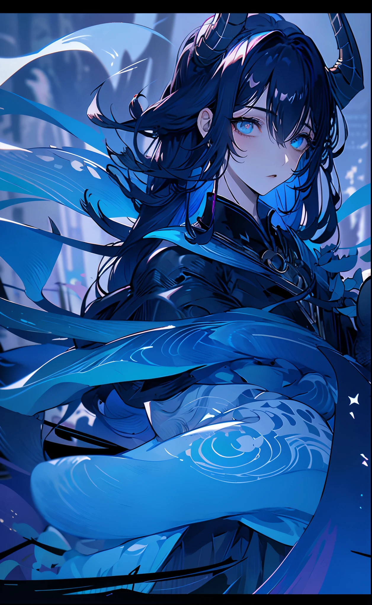 1 boy，juvenile，Blue fin ears， Blue Hanfu，Long dragon tail，Ultra-high resolution, (Reality:1.4), RAW photos,16K,Dramatic Lighting,Moon white ribbon，Clothes floating in the sea，Scales on the neck，loong'horns,High hanging moon，In the deep sea，Bright moonlight，Hong Lu，Hong Lu，Hong Lu，(heterochromia)，(heterochromia)，(heterochromia)，white outline:1